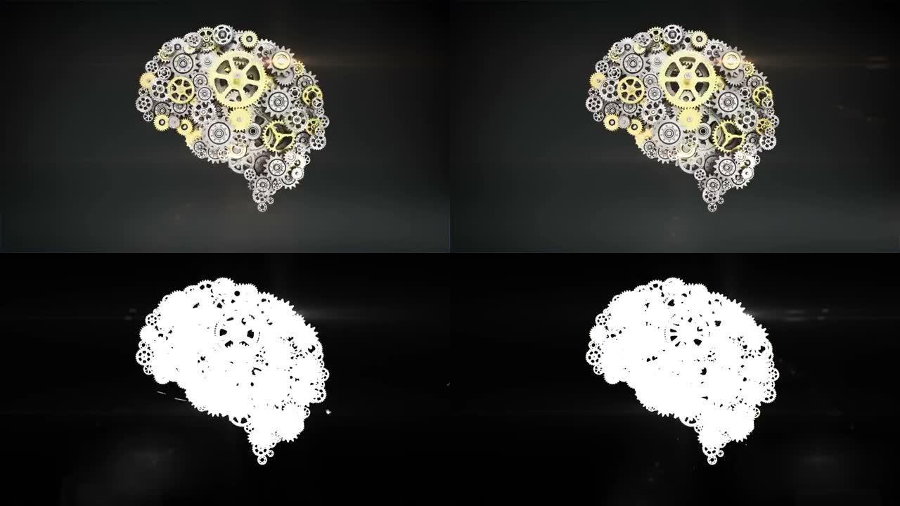 钢金色齿轮使人脑成形。人类人工智能。4k动画。