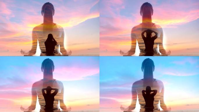 WS在日落时在海和云层中游泳的女人的背景下冥想