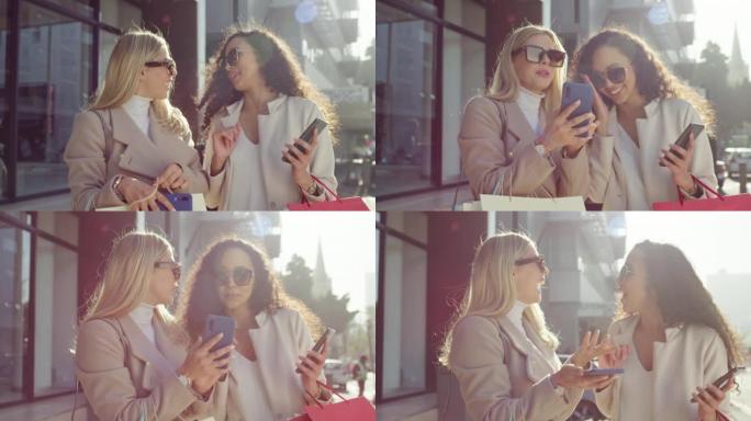 时尚、社交媒体影响者和朋友在外出购物和在城市里一起玩乐时，带着电话。幻想，富有和时髦的女性谈论疯狂消