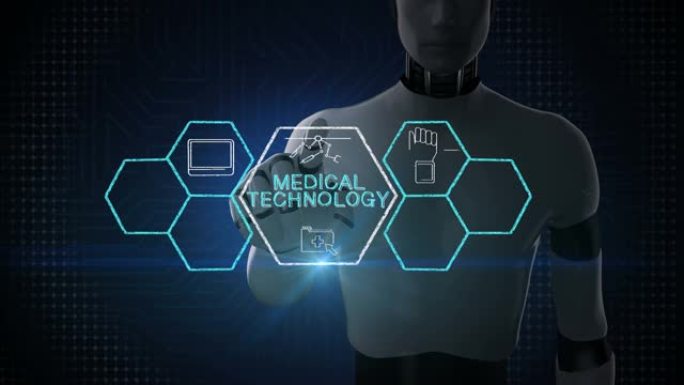 机器人，机器人触摸 “医疗技术” 和各种未来医疗技术图标在六角形，4k动画。2。