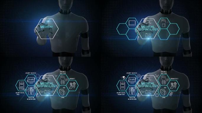 机器人，机器人触摸 “医疗技术” 和各种未来医疗技术图标在六角形，4k动画。2。