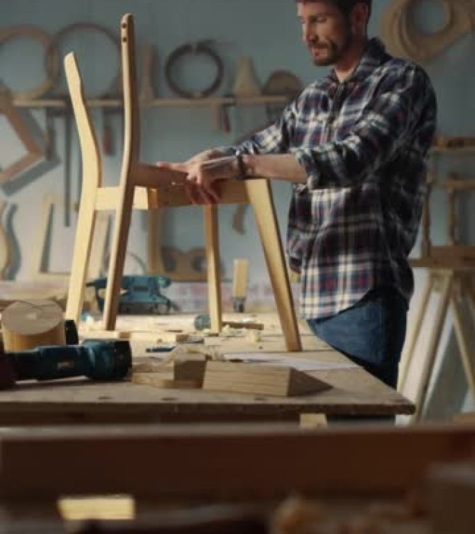 垂直屏幕: 年轻时尚的木匠组装木椅的零件。专业家具设计师在阁楼空间的工作室工作，墙壁上有工具。手持镜