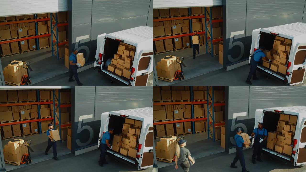 物流配送仓库之外，由不同的专业工人团队装载纸箱、在线订单、采购、电子商务货物的送货卡车。高角度基座拍