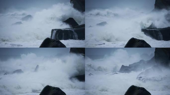 海浪喷出岩石暴风雨