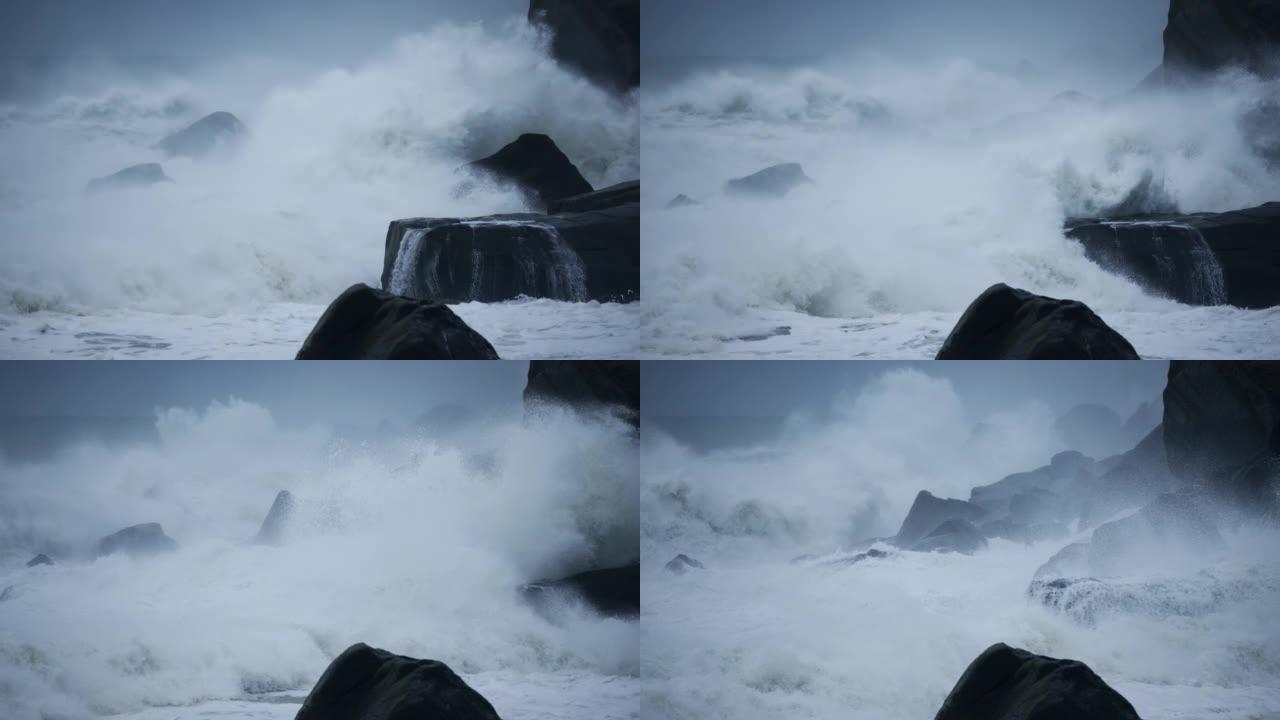 海浪喷出岩石暴风雨