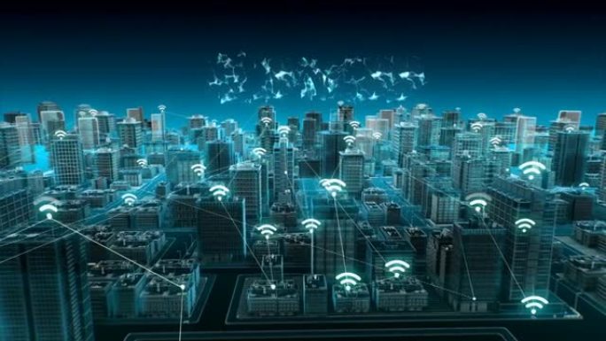 智能城市上的各种智能传感器图标，连接 “商业” 物联网技术。蓝色x射线鸟瞰图。4k动画。