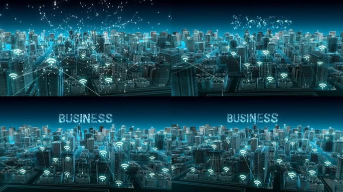 智能城市上的各种智能传感器图标，连接 “商业” 物联网技术。蓝色x射线鸟瞰图。4k动画。