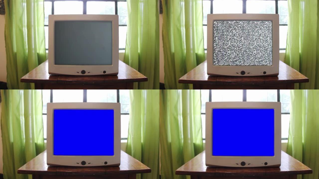 电脑显示器打开静态噪音和蓝屏。特写。放大。4k分辨率。