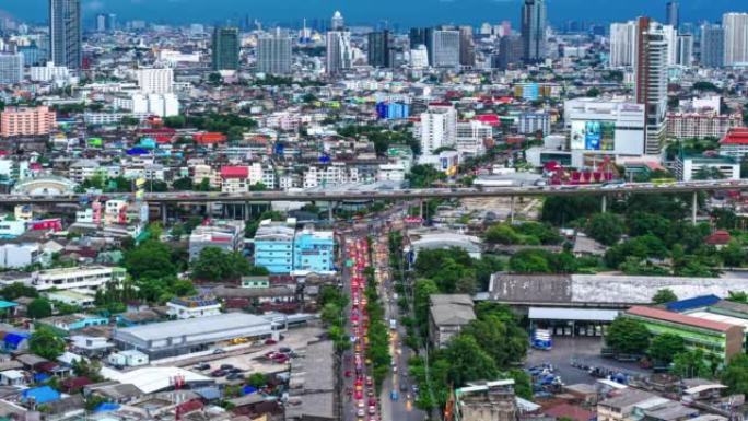 高峰时段曼谷城市景观与高速公路交通道路的时间流逝