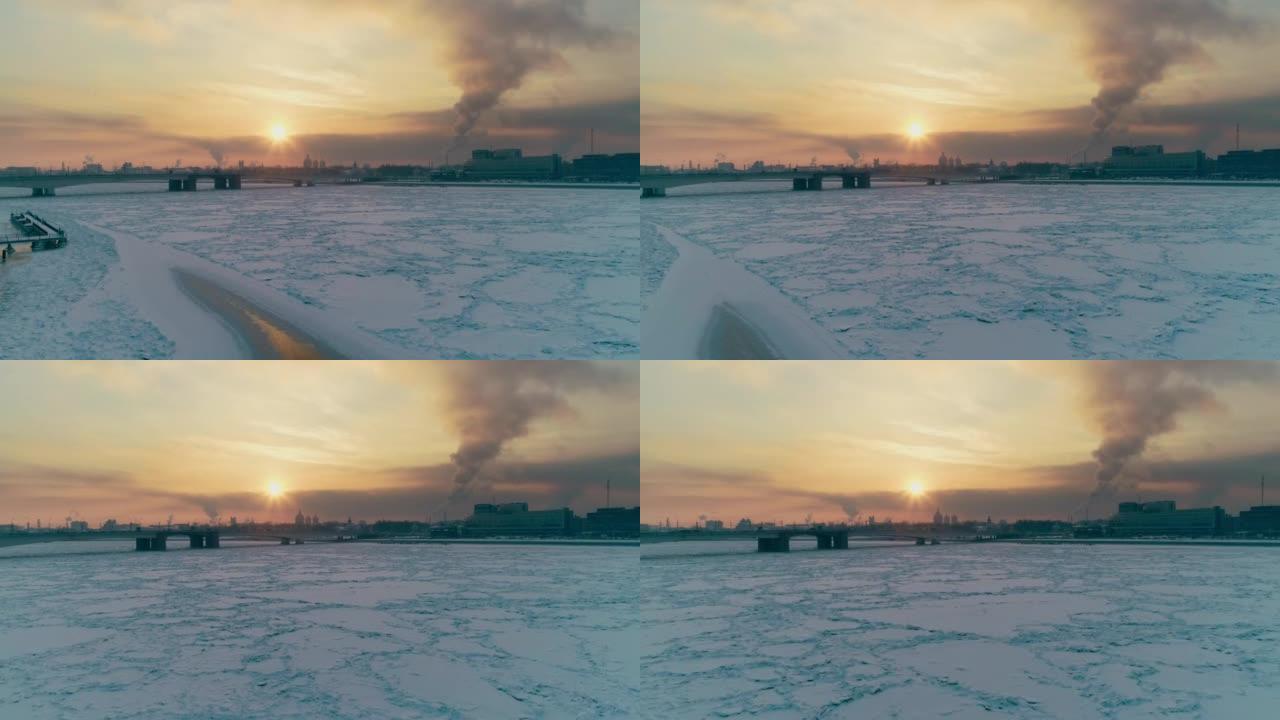 空中无人机直升机在冬季冰雪覆盖了圣彼得堡的河流
