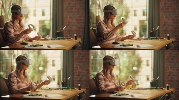 金发女子戴着3D VR耳机，在室内使用现代控制器。从事未来应用的女性设计师。新技术和增强现实概念