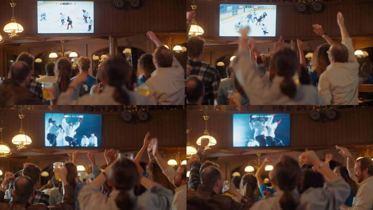 一群朋友在体育酒吧观看电视直播冰球比赛。激动的球迷欢呼雀跃。年轻人庆祝球队进球并赢得世界锦标赛。