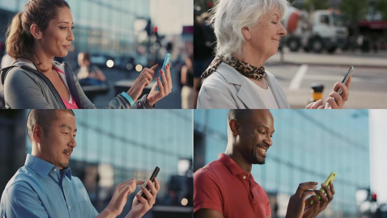 在城市背景下使用智能手机的各种人的4k视频片段