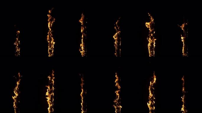在黑色背景上拍摄慢动作: 两根垂直的木棍在火焰中燃烧，第三个着火。特殊效果、视觉效果、后期制作、动画