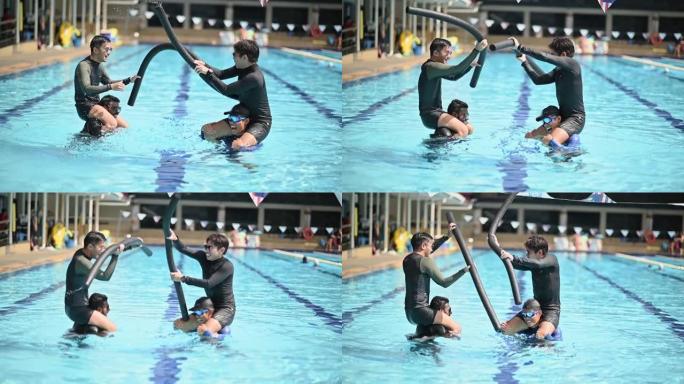 慢动作比赛休闲游戏亚洲多伦理团体男子玩得开心在游泳池里嬉水玩耍用水漂击打对方