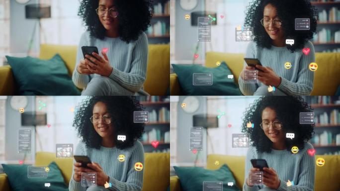 社交媒体可视化概念: 快乐黑人女性在家使用智能手机。3D表示社交媒体帖子，笑脸，电子商务在线购物数字