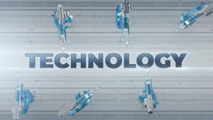 自动化机械臂流水线技术文字标签科技白概念。