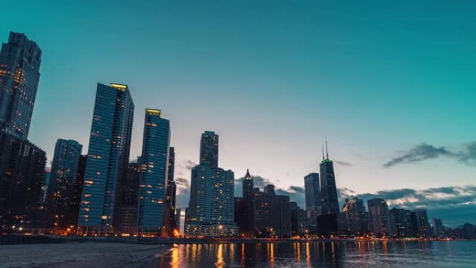 芝加哥城市景观河边夜间的时间流逝
