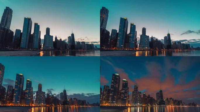 芝加哥城市景观河边夜间的时间流逝