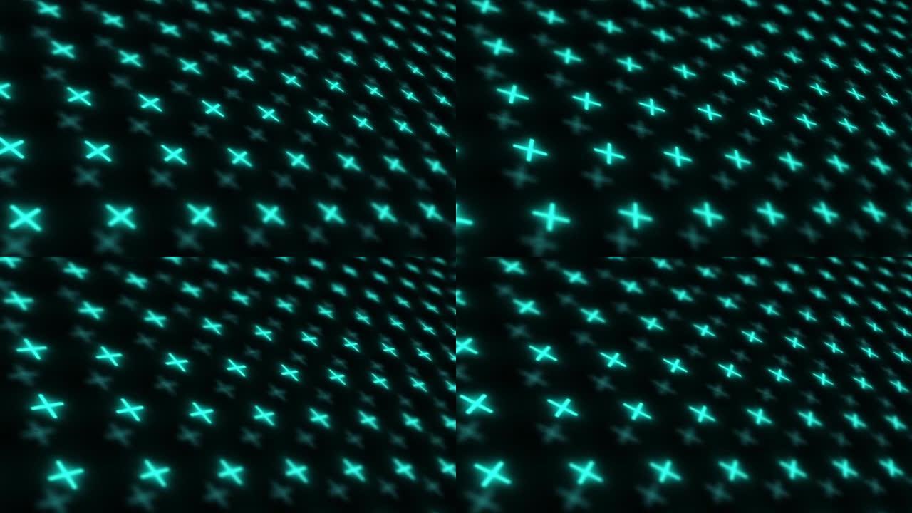 蓝色CGI交叉在黑暗的背景下旋转。十字形特效在黑色背景下在工作室中转动和旋转。屏幕上的明亮加异形灯的