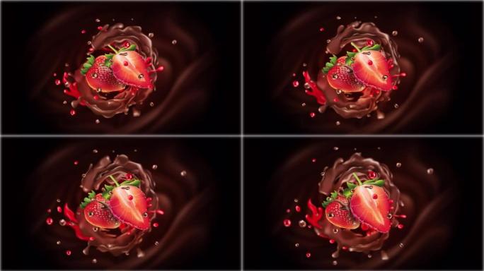 草莓切片与液体巧克力的动画。