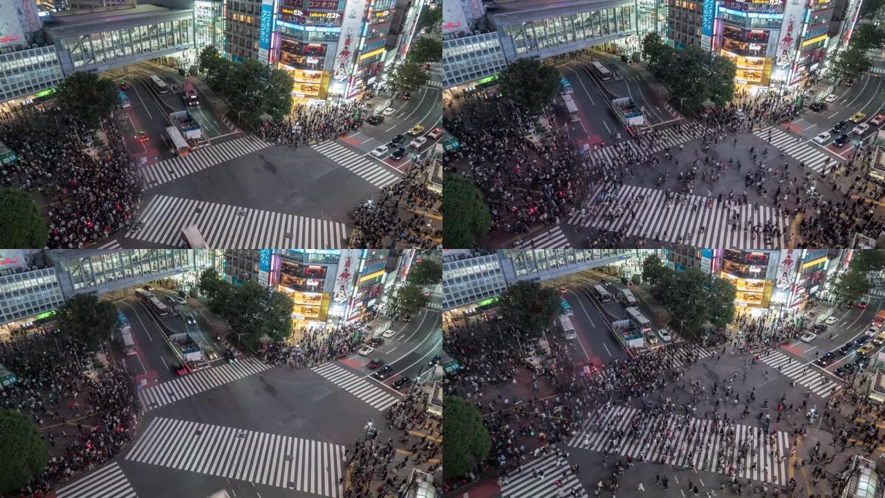涩谷夜间穿越延时拍摄外国人流十字路口航拍