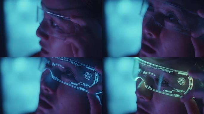 亚洲女性使用背景霓虹灯VR眼镜