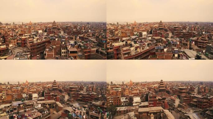 尼泊尔首都加德满都的鸟瞰图。阳光照在的卡曼杜。有寺庙的城市景观