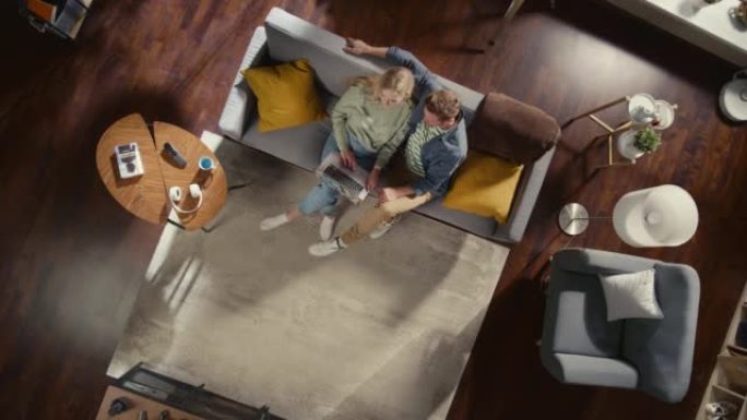 顶景公寓: 恋爱中的幸福夫妇在时尚的客厅使用笔记本电脑，抬头看着相机。在沙发上: 女友和男友使用计算