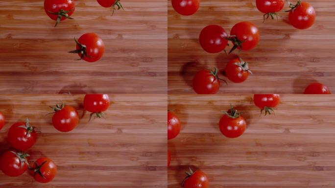 自上而下: 洗过的樱桃西红柿落在空的木板上。