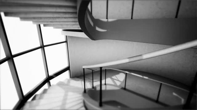黑白图像描绘了混凝土螺旋楼梯的抽象高角度视图。