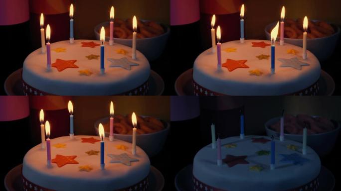 漂亮的生日蛋糕蜡烛吹出特写镜头