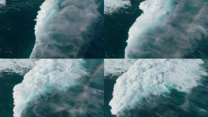 巨浪破裂航拍俯拍大浪前行海浪彩虹