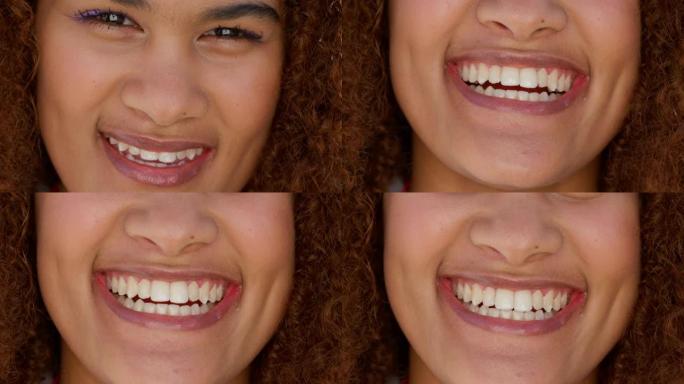 微笑，幸福和女人的脸特写，对健康，健康和积极的生活方式感到满意。灿烂的笑容，干净的牙齿和健康快乐的新