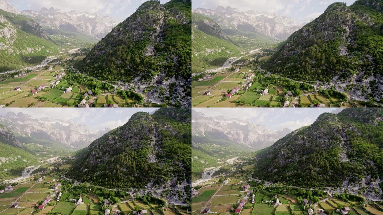 早上在阿尔巴尼亚的Thethi村。Thi山谷和阿尔巴尼亚阿尔卑斯山的鸟瞰图。UHD, 4K