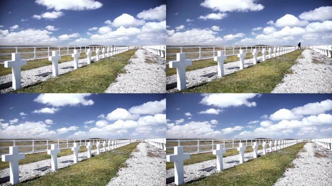 南大西洋福克兰群岛(马尔维纳斯群岛)东福克兰的达尔文阿根廷军事公墓。时间流逝，4K分辨率。
