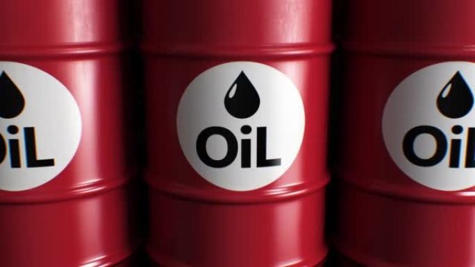 石油储备 -- 一排排的桶。存储和石油生产抽象3d动画。很多油桶都缩小了。商业和行业概念