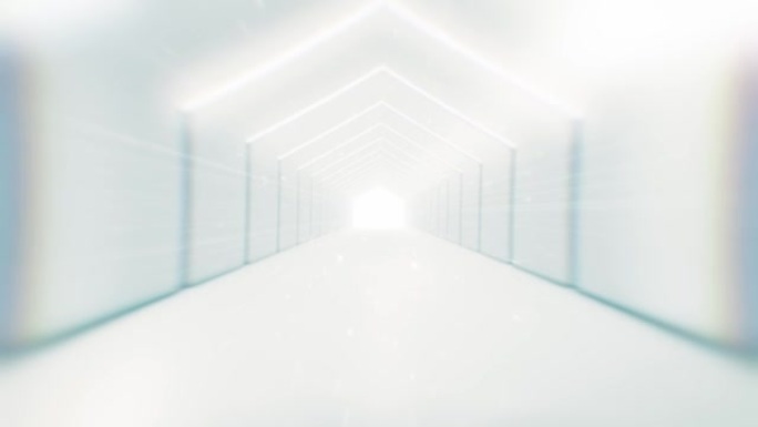 飞过白色隧道。慢动作中的抽象3D动画。照明走廊的概念，室内设计，宇宙飞船，科学，技术，科学，建筑，工