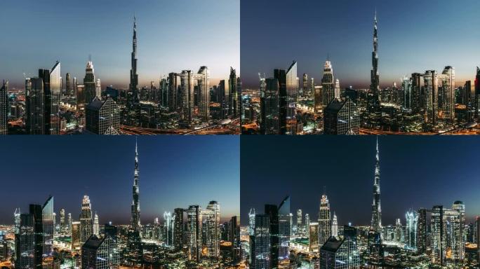 迪拜天际线的T/L ZI鸟瞰图，黄昏到夜晚的过渡/阿联酋迪拜