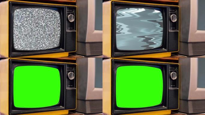 复古电视机打开色度键绿色屏幕。特写。4k分辨率。