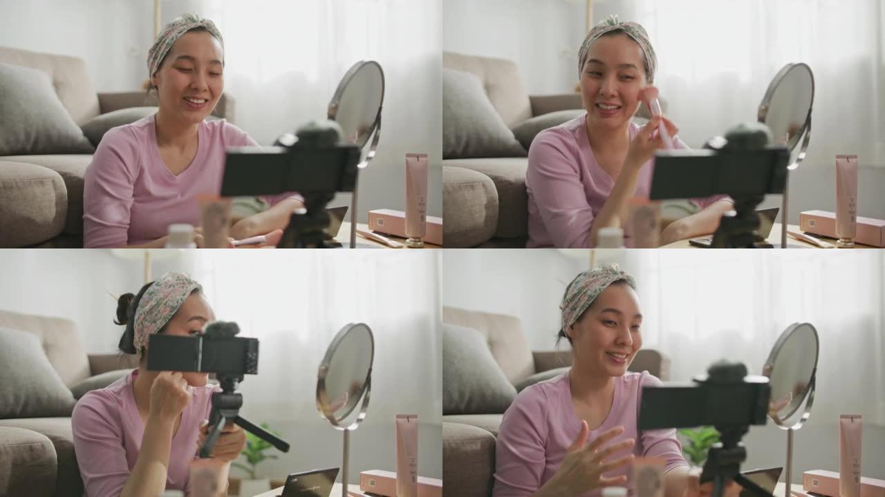 美容博主女人在相机上拍摄日常化妆常规教程