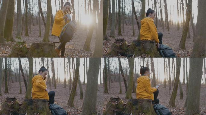女人坐在树桩上并在森林中使用手机