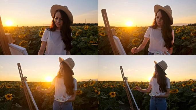 慢镜头:日落时分，年轻女子在向日葵地里作画
