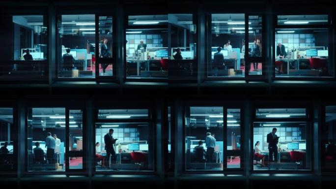 窗外的镜头: 在办公室工作的商人和女商人。经理在晚上做金融业务。员工在电脑、笔记本电脑、手机、平板电