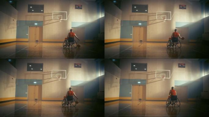 轮椅篮球运动员运球，射门成功，错过了篮筐。永不放弃的残疾人的决心、灵感、动机。暖色，慢动作