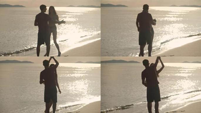 SLO MO高加索夫妇一起享受大自然的时光，在海滩上跳舞