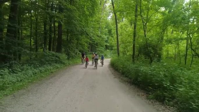 空中家庭有三个孩子在碎石路上穿过绿色森林