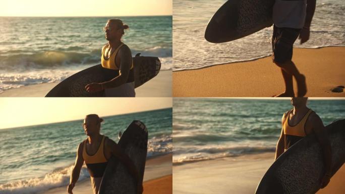 成年男子在海滩上散步，日落时手臂下背着冲浪板，从右手臂切换到左臂