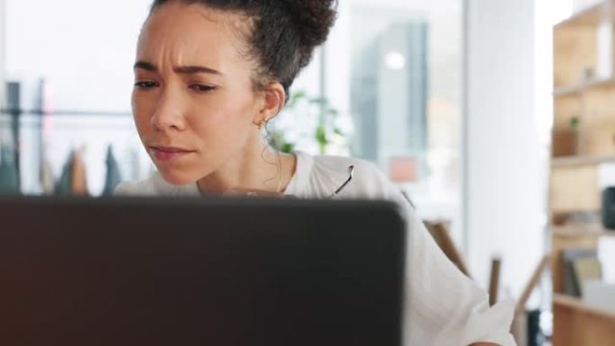 故障，笔记本电脑和黑人妇女在办公室有疑问，404错误或垃圾邮件在创意工作场所。时装设计，网络钓鱼和计