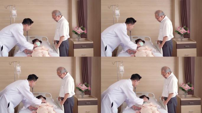 4K UHD Dolly右: 医生在医院病房看望小女孩病人，用听诊器听肺呼吸作为奶制品的常规。医院医